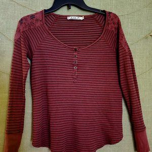 Chloe K Henley LS Shirt Lace Shoulder Wine Color